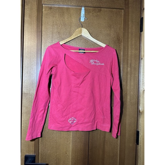 Harley-Davidson Tops - Harley Davidson Pig Trail Red Glitter Long Sleeve Shirt Womens L Vintage Y2K